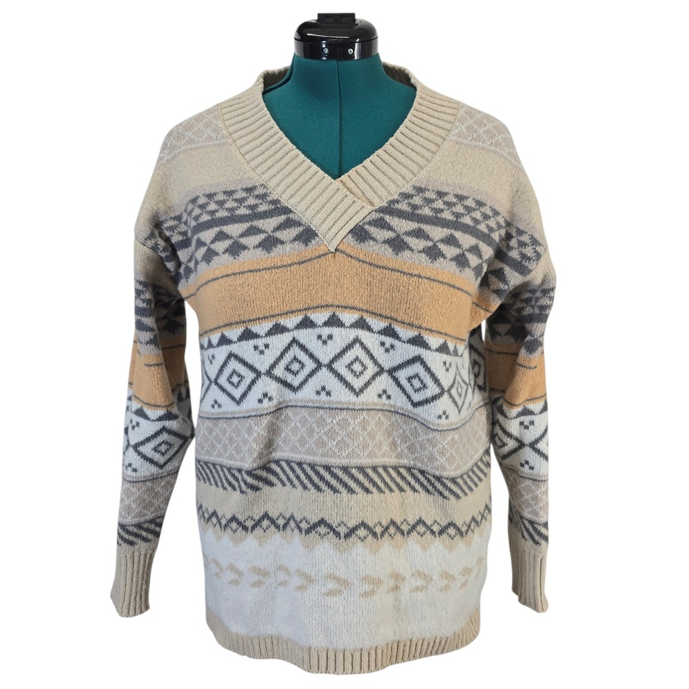 Vintage Style V-Neck Fair Isle Geometric Sweater Beige Tan Grey‎ Size S